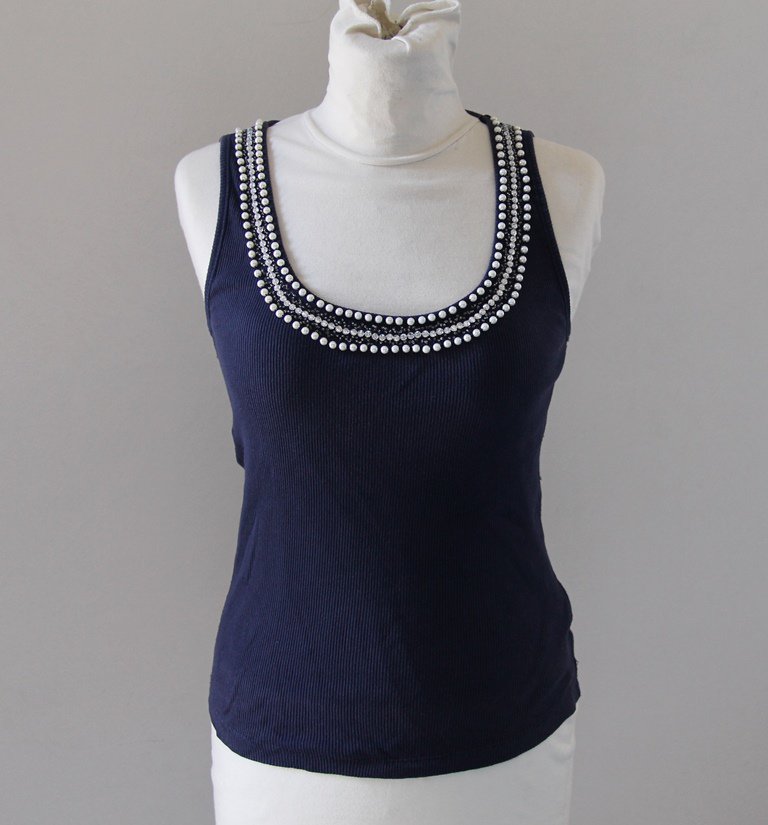 Blue Cotton Camisole fake pearls diamonds Singlet Canotta tank top Sz M