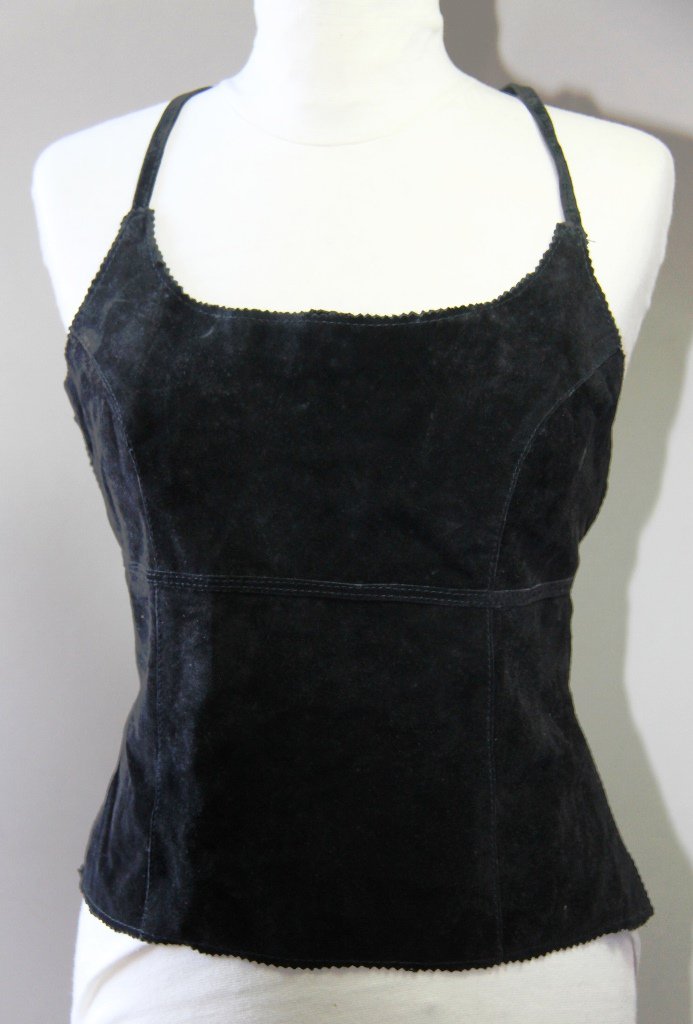 Black Suede Leather Sexy Open Back Camisole Singlet Canotta tank top Sz S