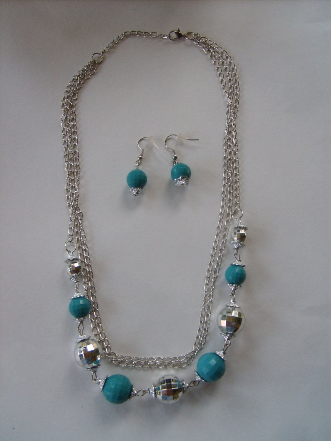 Turquoise Bead and Silvertone Disco Bead Necklace and Matching Earring Set