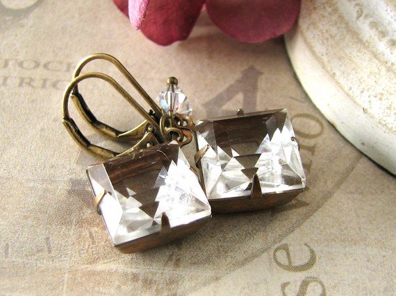 Crystalline Romance - vintage clear jewel brass earrings - Estate Style