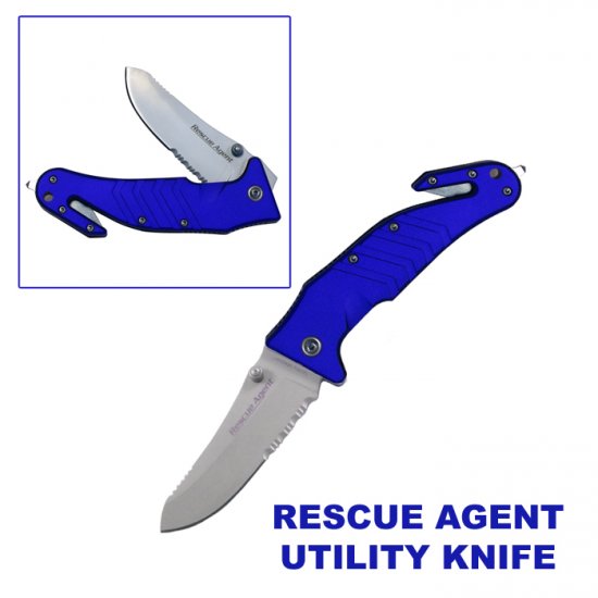 BLUE RESCUE AGENT J HOOK FOLDING LOCKING POCKET KNIFE
