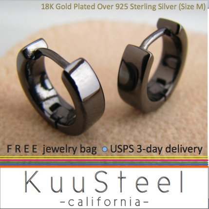 Men's black gold plated hoop earrings, ECE150SB