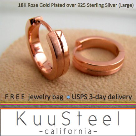 Sterling Silver Hoop Earrings-18K Rose Gold Plated-Mens Earrings Hoop-HalfHalf Large (#195G)