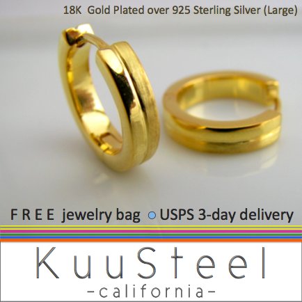 Sterling Silver Hoop Earrings-18K Gold Plated-Mens Earrings Hoop-HalfHalf Large (#E191MY)