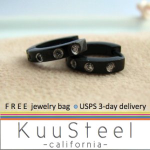 Mens Earrings Black Hoop 3 Diamonds - Earrings For Men â Discreet 3 CZs (#132)
