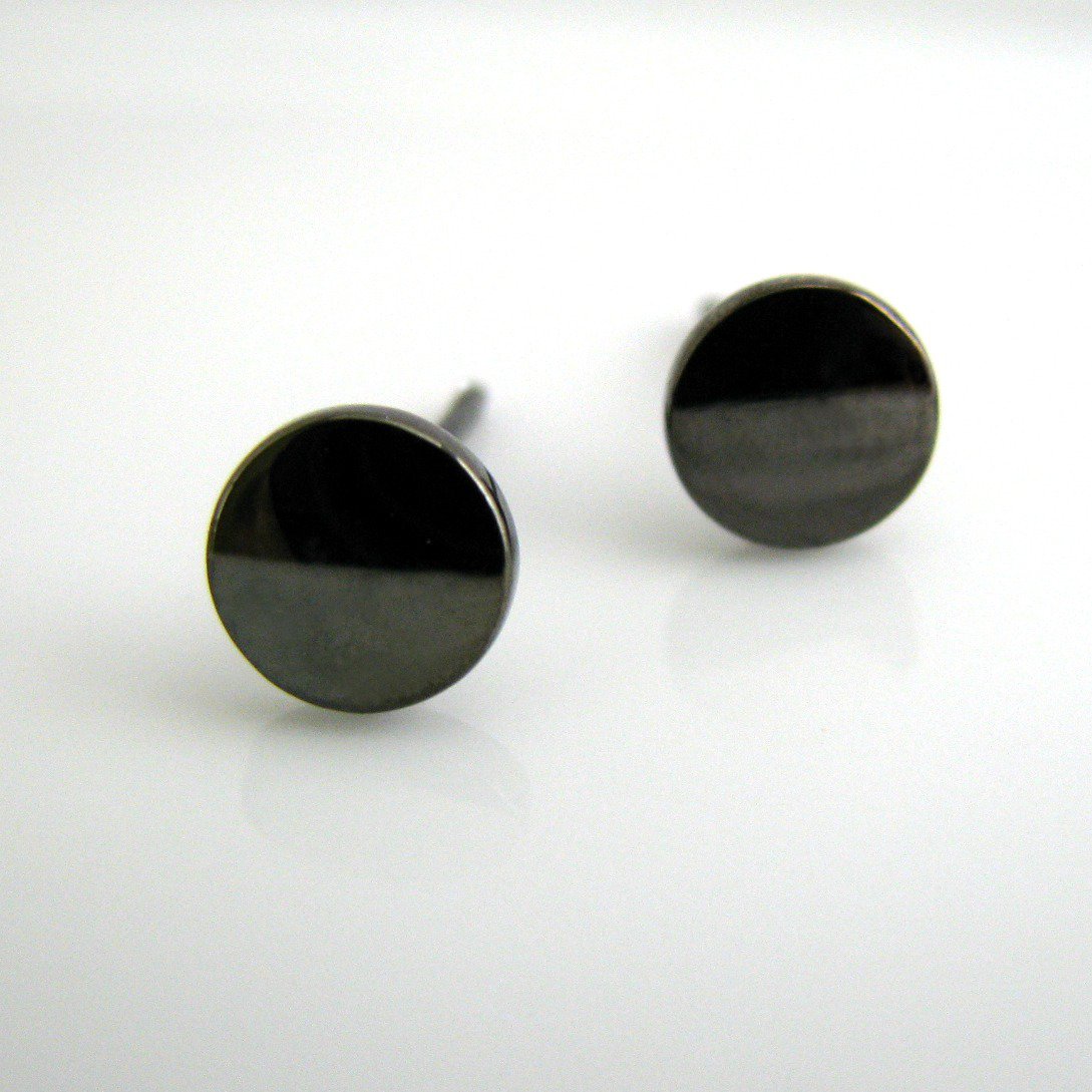 Men's stud earrings, round disc stud earrings , 7mm polished grey, EC420 7SB