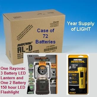 Rayovac LED Lantern (S3DLEN) - LED Flashlight and Case of 72 D cell batteries Combo Pack