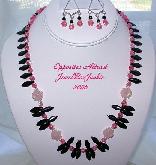 Necklace/Earring SET in Black Onyx Rose Quartz Sterling .925