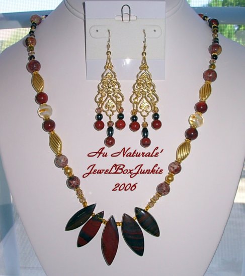 ARTISAN NECKLACE & EARRING SET w/Tiger Iron 14kt Gold Poppy & Leopardskin Jasper Swarovski