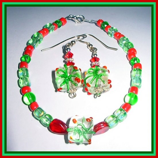 Lampwork Christmas Present Swarovski Silver Bracelet & Earring SET-FREE SHIPPING & GIFT BOXED