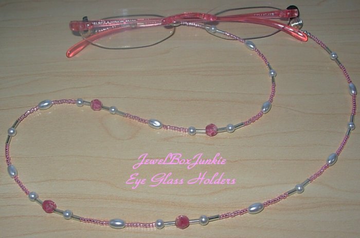 24 inch Beaded EyeGlass Holder w Vintage Glass-Pink