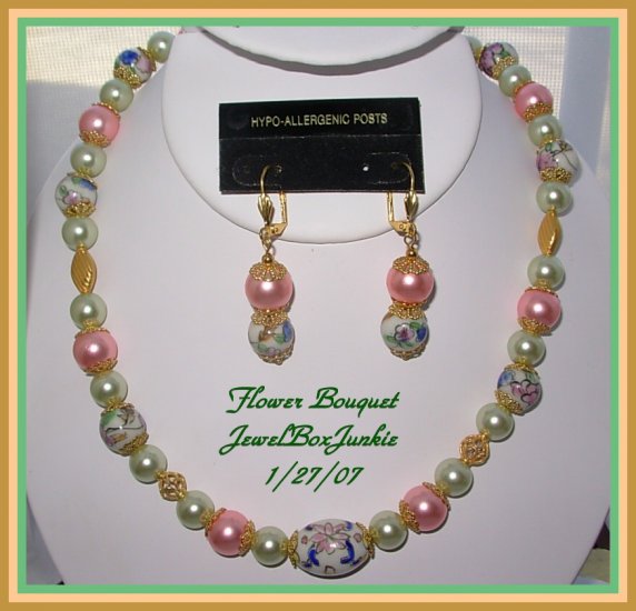 Vintage Porcelain Bali 14kt Vermeil Glass Pearls Necklace & Earring SET