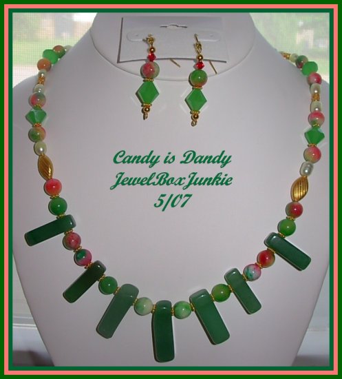 Candy and Grn Jade FW Pearls 14kt Vermeil Necklace/Earring SET