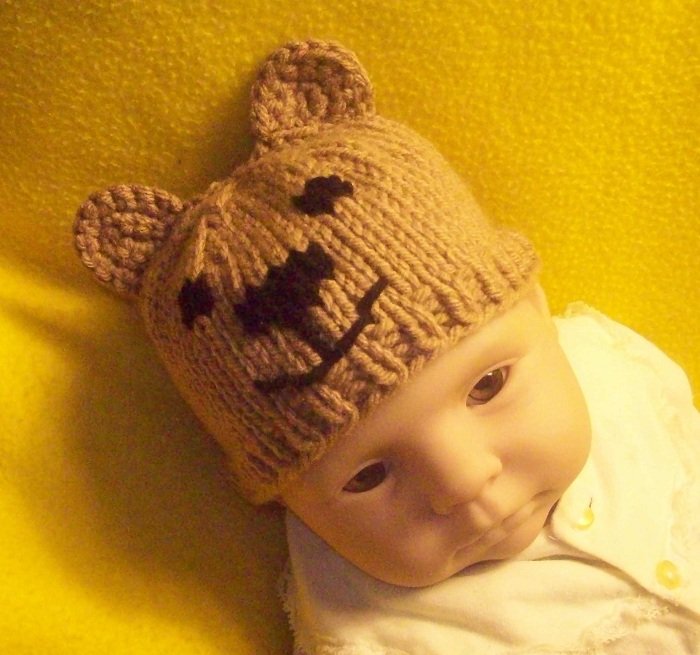 Newborn, reborn, American Girl size Bear Hat, Hand Knit - Free USA Shipping