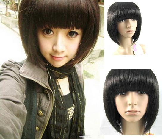 Name: Woman Short Black Straight Fashion Wigs With Wig Cap WD01