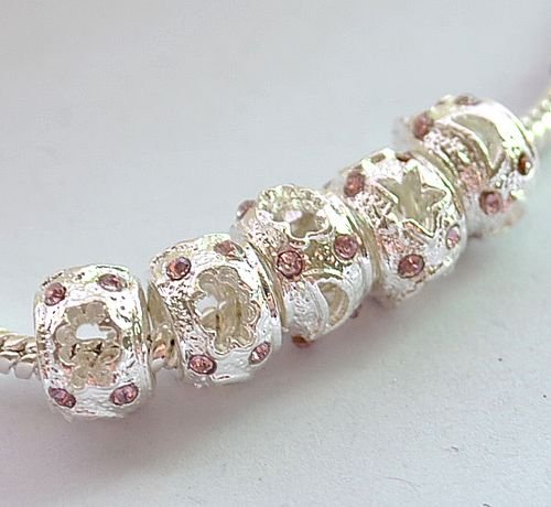 5pcs Silver With Purplish Red Charm Beads Fits Bracelet Chain P166