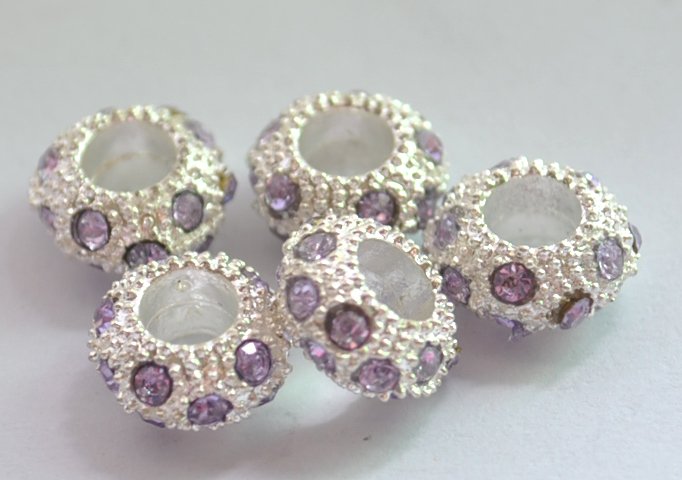 5pcs Silver Spacer With Purplish Rhinestone Charm Beads Fits Bracelet P170