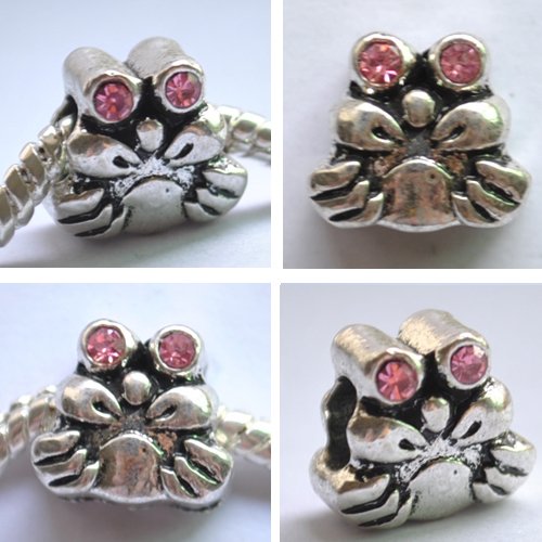 5pcs Silver Crab With Purplish Red Rhinestone Beads Fits Bracelet P177