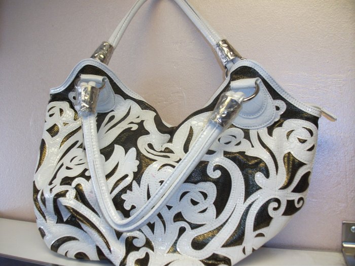 Large White Pleather and Bronze Material Etched Handbag