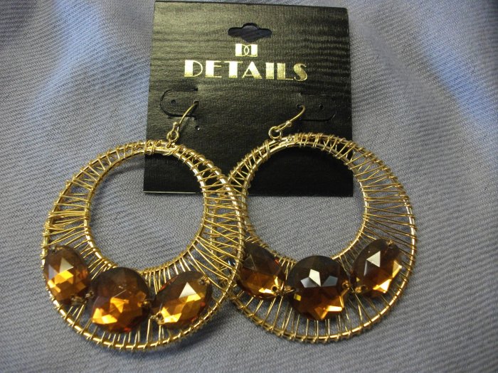 Large Wire Wrapped Gold Hoop Earrings with Gemstone Detail