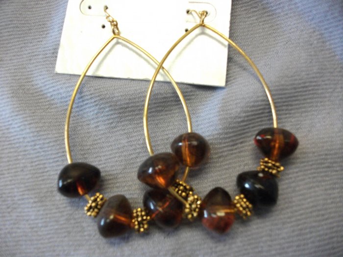 Large Oval Gold Hoops with Brown Beads