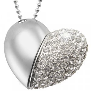 8GB USB Flash Drive Necklace - Jeweled Metal Heart New