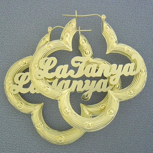 10K Gold Flower Shape Name Bamboo Hoop Earrings 2 1/2 Inch GD87