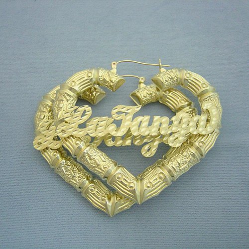 10K Personalized Name Puffy Heart Bamboo Earring 2 1/2 Inch HB65