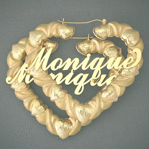 10K Gold Personalized Diamond Cut Heart Hoop Earrings 3 Inch HB86