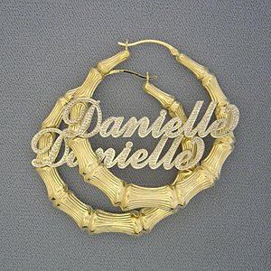 14K Gold Personalized Iced Name Bamboo Earrings 2 1/4 Inch GB55