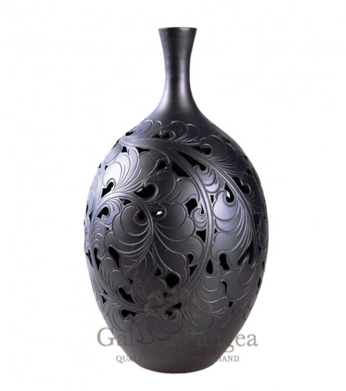 Black Pottery Vase, 'In Bloom'