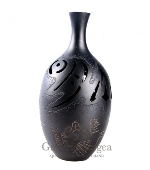 Black Pottery Vase, 'Nature Elements'