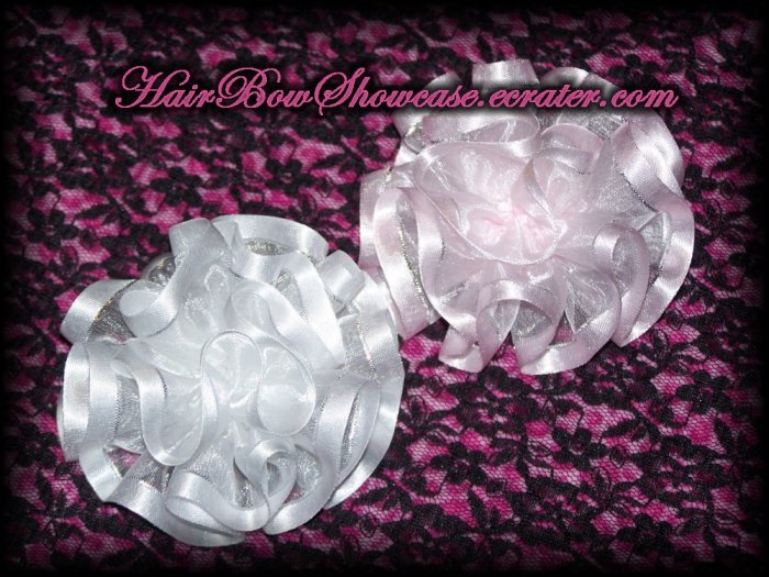 Boutique Flower Puff Satin Hair Bow Clips in White and Light Pink with Silver Trim