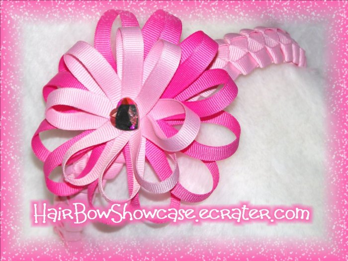 Light Pink Braided Ribbon Headband with A Detachable Boutique Flower Loop Hair Bow Clip