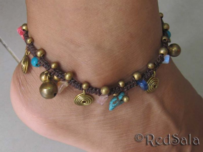 Handmade Thai Craft ANKLET Beads Bells Spirals Stones