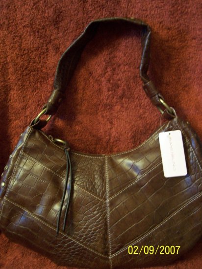 CROC EMBOSSED DESIGNER HANDBAG by BANDOLINO, CHOCOLATE BROWN w/ GOLDTONE HARDWARE
