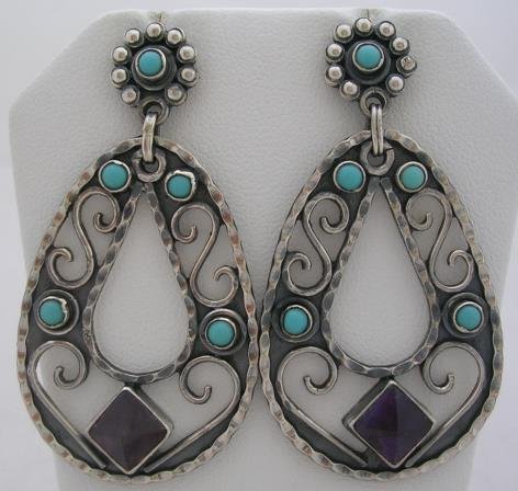 OLD TAXCO REPRODU.SILVER AMETHYST-TURQUOISE EARRINGS