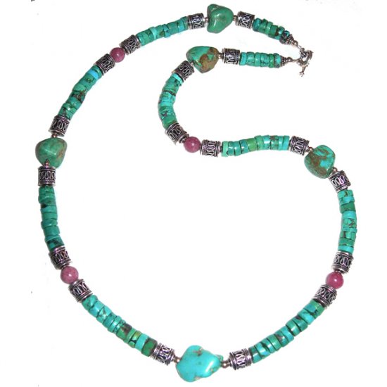 Turquoise, Rhodonite & Sterlimg Silver Necklace