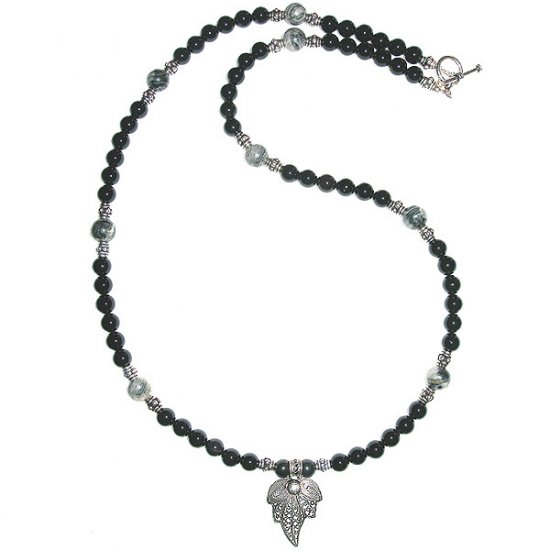 Black Onyx, Silver Lace Agate & Sterling Silver Leaf Pendant Necklace