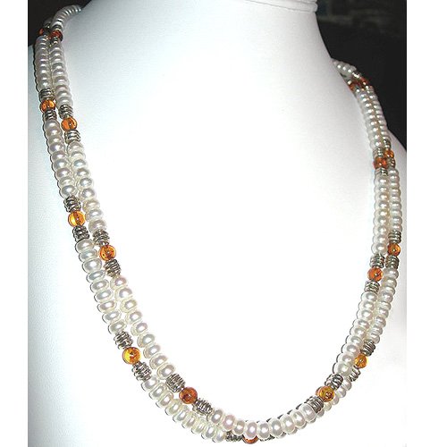 Pearl, Amber & Sterling Silver Double Strand Necklace