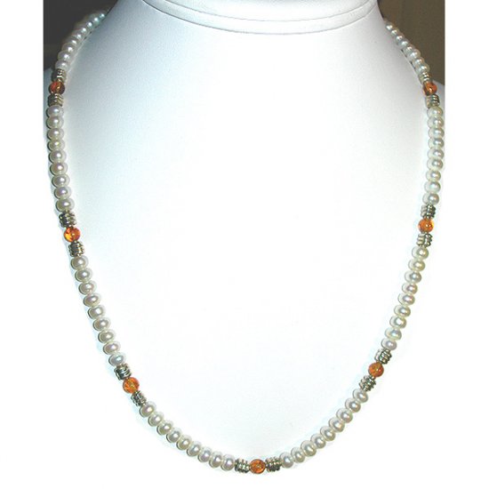 Pearl, Amber, and Sterling Silver Necklace