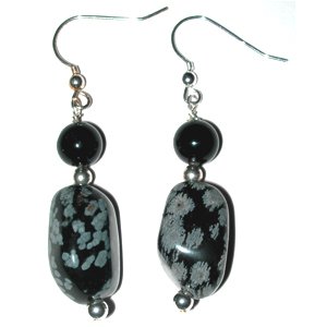 Snowflake Obsidian, Black Onyx, & Sterling Silver Nugget Earrings: