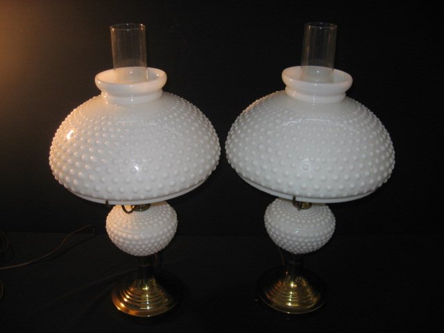 #38 Pair White Milk Glass Herricane Electric Table Lamps