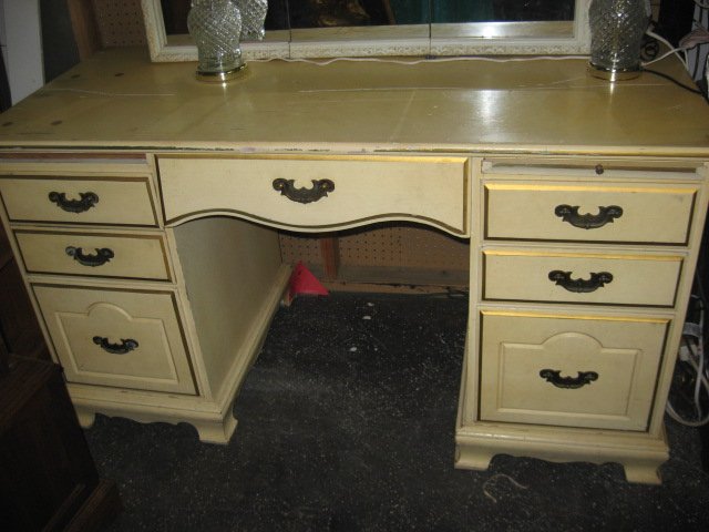 #2 Solid Wood Vanity Desk Painted Yellow w Gold Trim