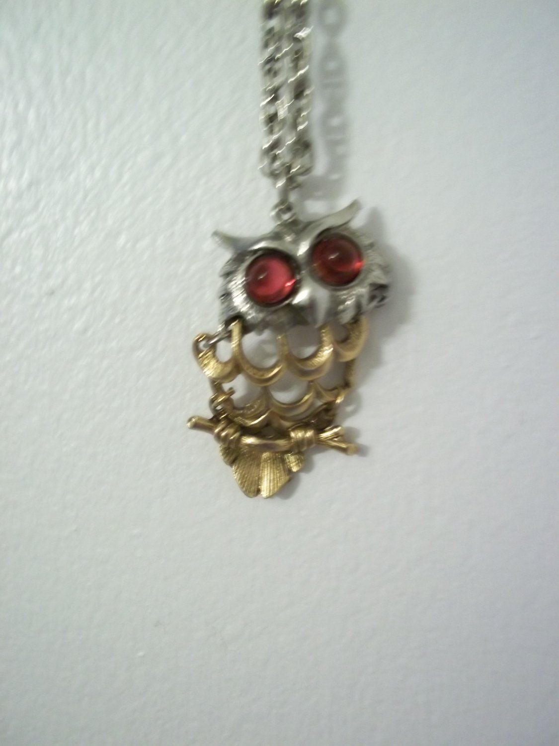 VINTAGE SWING OWL NECKLACE PENDANT 2 TONE WITH RED EYES