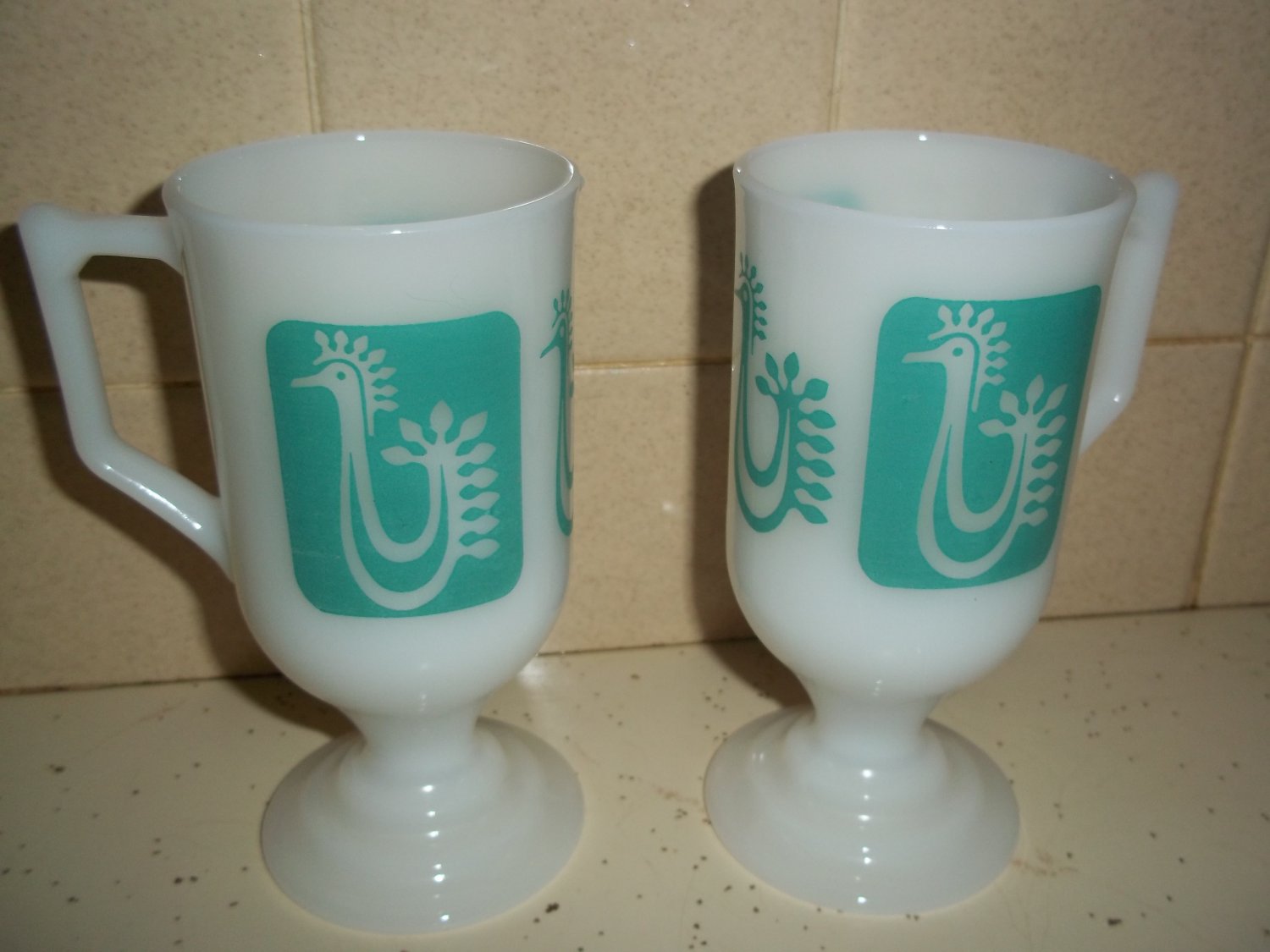 2 VTG MILK GLASS PEDESTAL COFFEE MUGS TURQUOISE ROOSTER