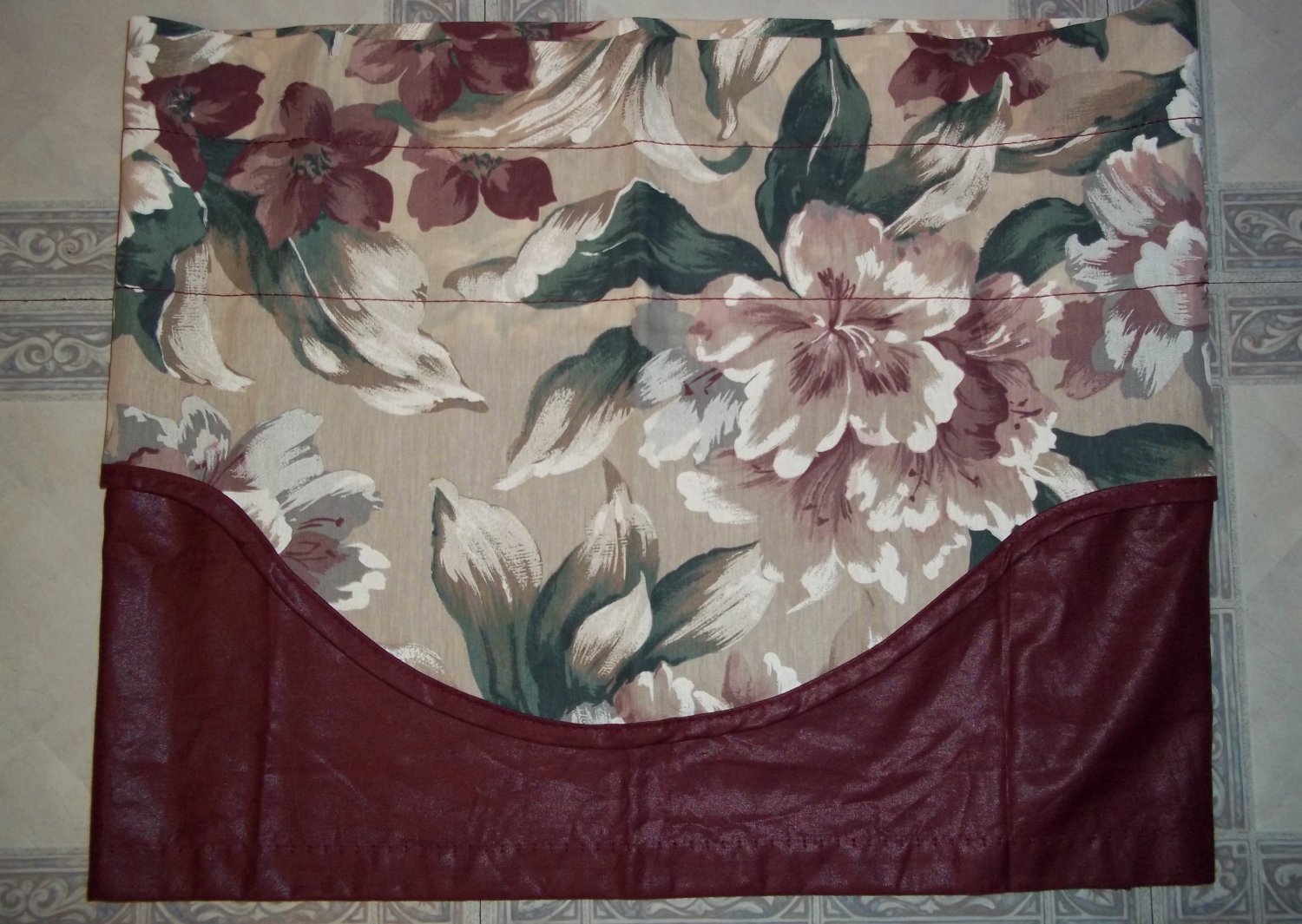 PAIR DOUBLE LAYER VALANCES FLORAL OVER BURGUNDY CHINTZ