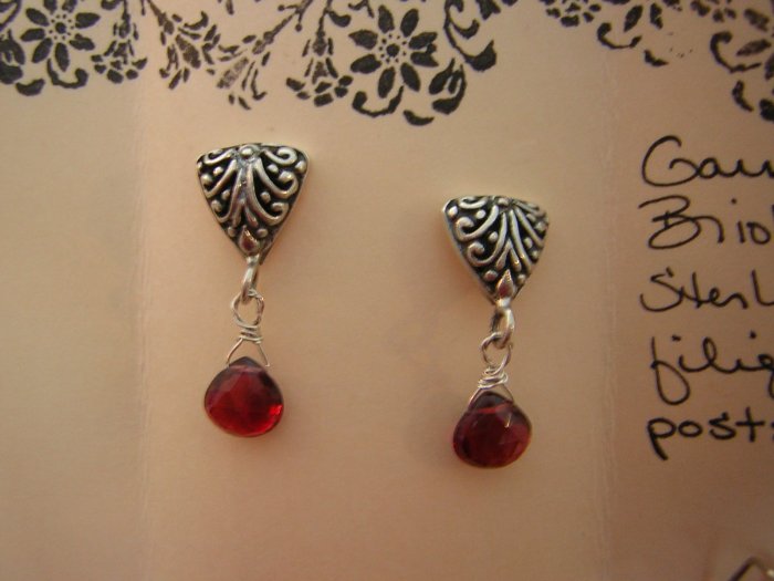 Garnet Briolettes on Filigree Posts