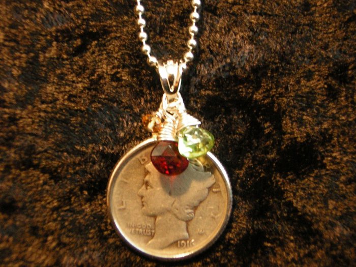 Vintage Mercury Dime, Garnet, Peridot & Citrine Charm Necklace