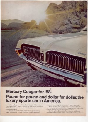 1968 MERCURY COUGAR VINTAGE CAR AD 2PAGE